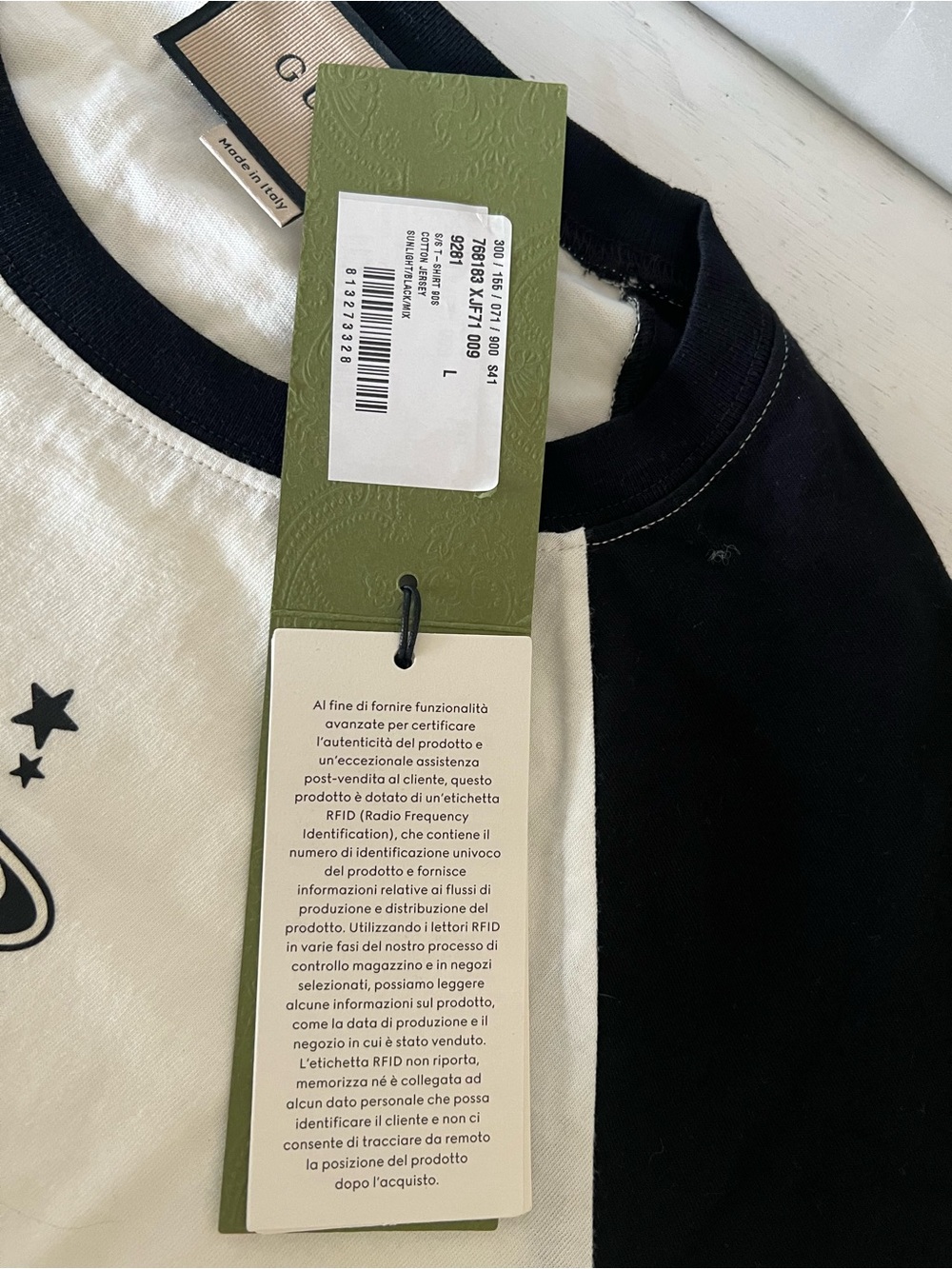 AUTH+BNWT GUCCI Ladies White Tee with Black Raglan Sleeves & Pink Planet Graphic - Picture 4 of 7